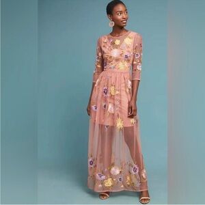 Anthropologie Pink Floral Sheer Dress